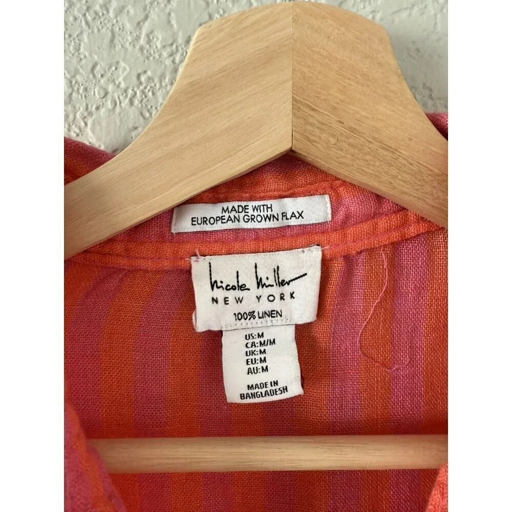 Nicole Miller 100% Linen Pink Orange Striped Button Up Top Beachy Coastal Vacay